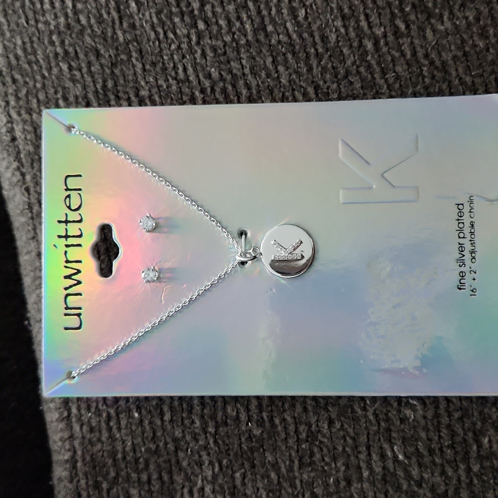 Unwritten Fine Silver Plated Cubic Zirconia Initial Coin Pendant & Earrings